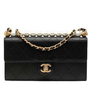 CHANEL Matelasse Coco Mark Pearl Chain Shoulder Bag Wallet Long Black Leather...